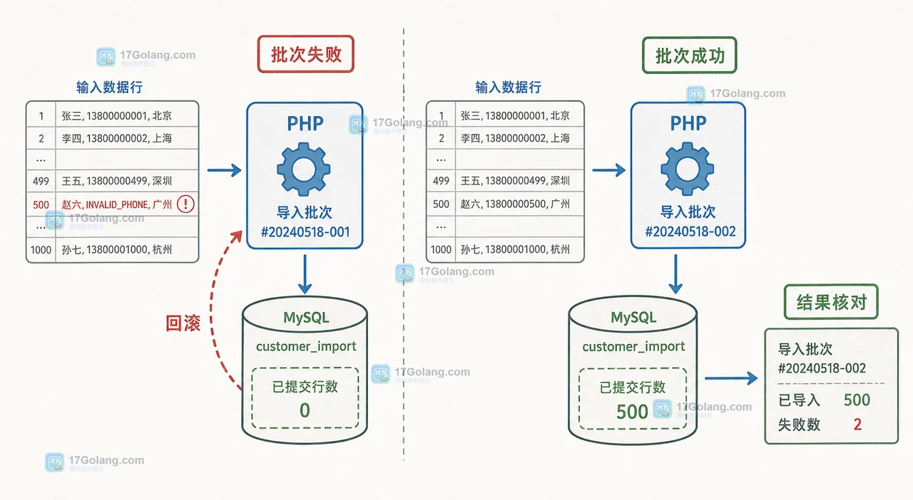 PHP mysqli CSV 批次提交后在 MySQL 中核对 imported、failed 和唯一键结果的验收画面