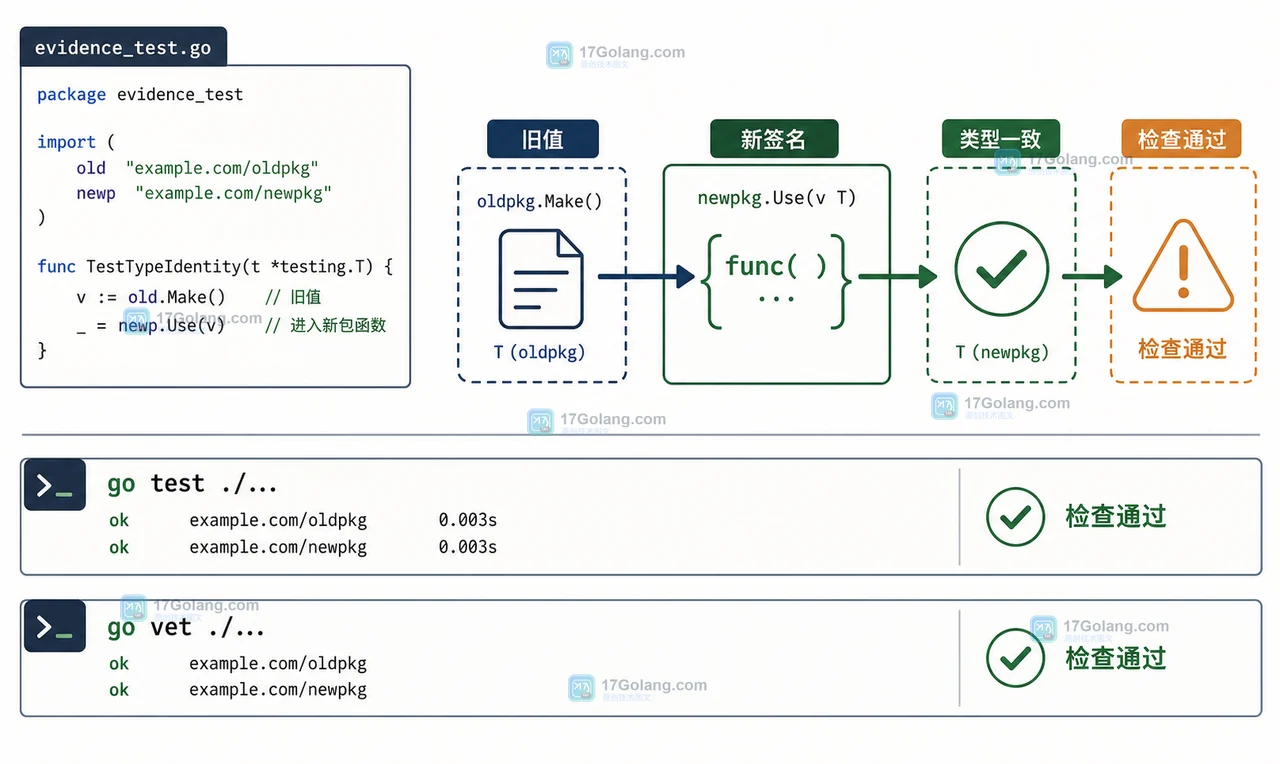 Go 泛型类型别名迁移后的 go test 与 go vet 验证结果图