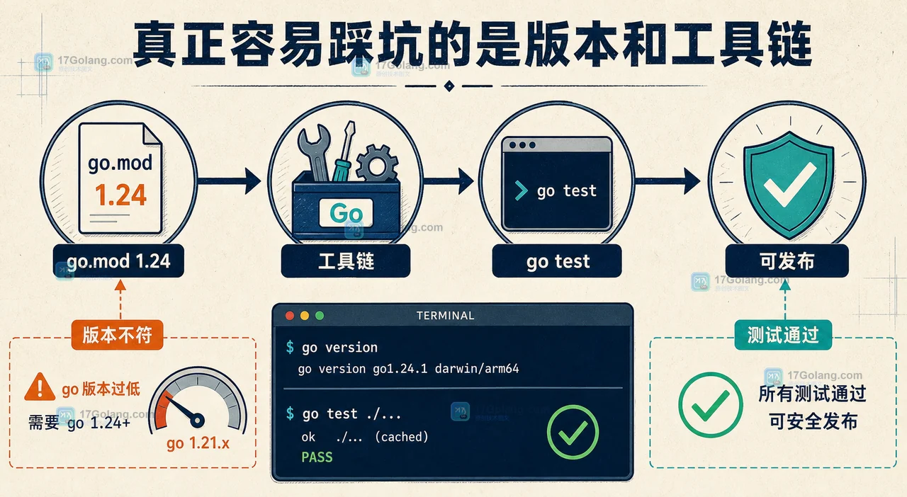 Go 1.24 泛型类型别名兼容检查：go.mod 版本、编译测试和 API 迁移结果三步核对