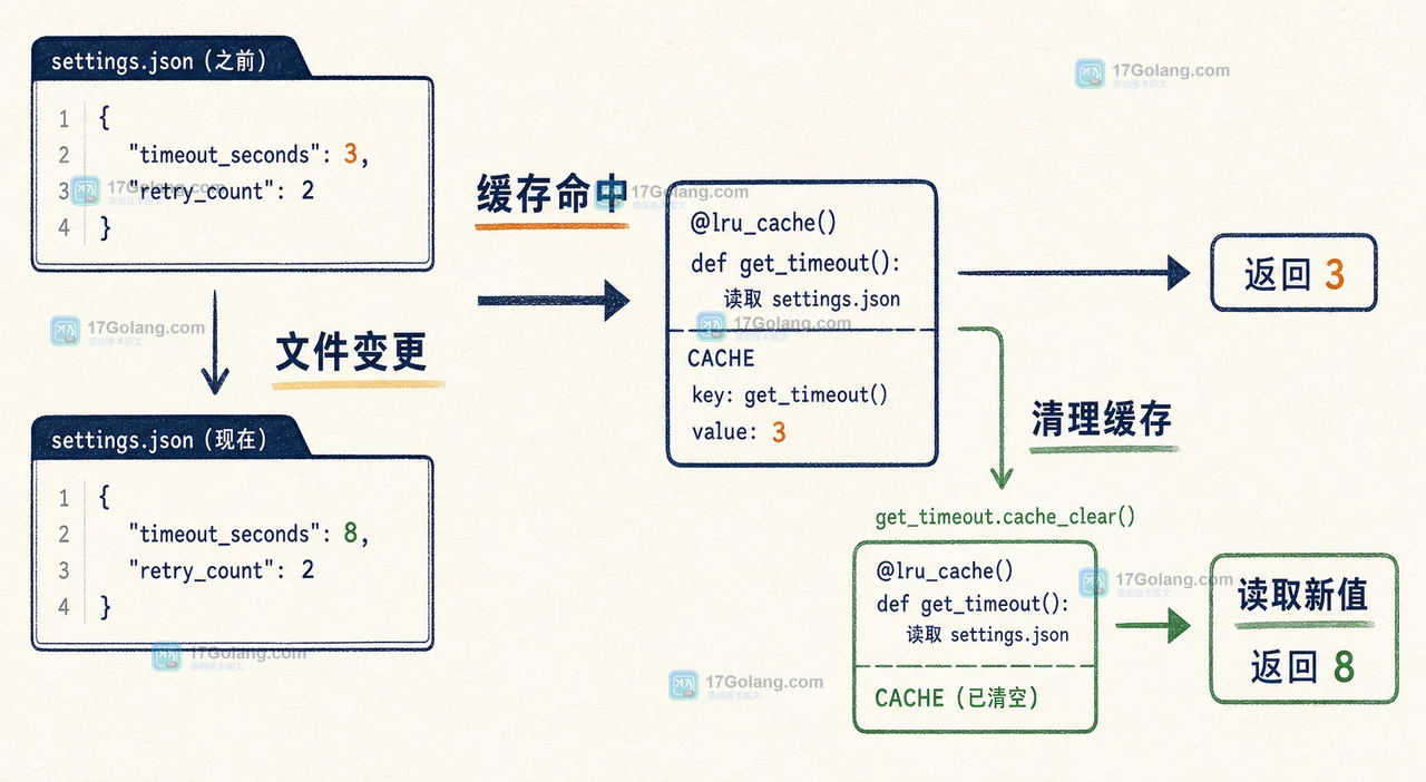 Python lru_cache 缓存了旧配置怎么办：清理时机、缓存键与验证边界