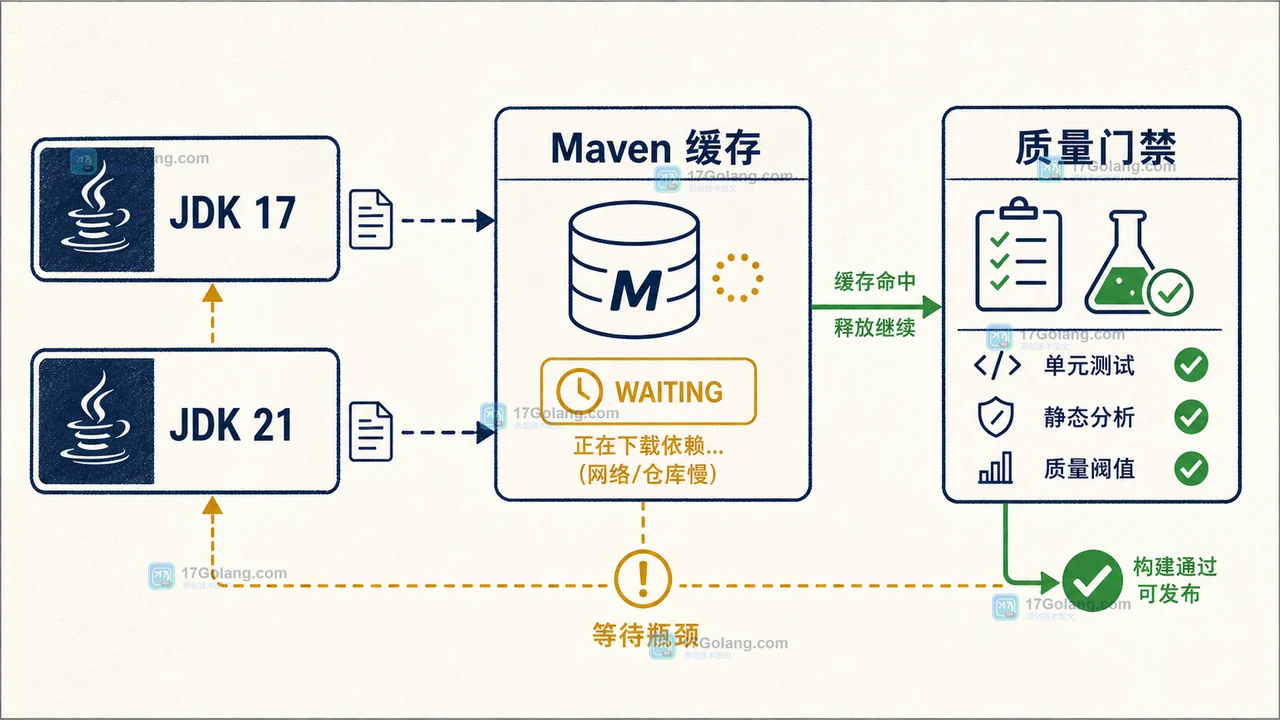 Java Maven CI 中 JDK 矩阵、依赖缓存和测试任务互相等待,缓存命中后进入质量检查的等待链插画