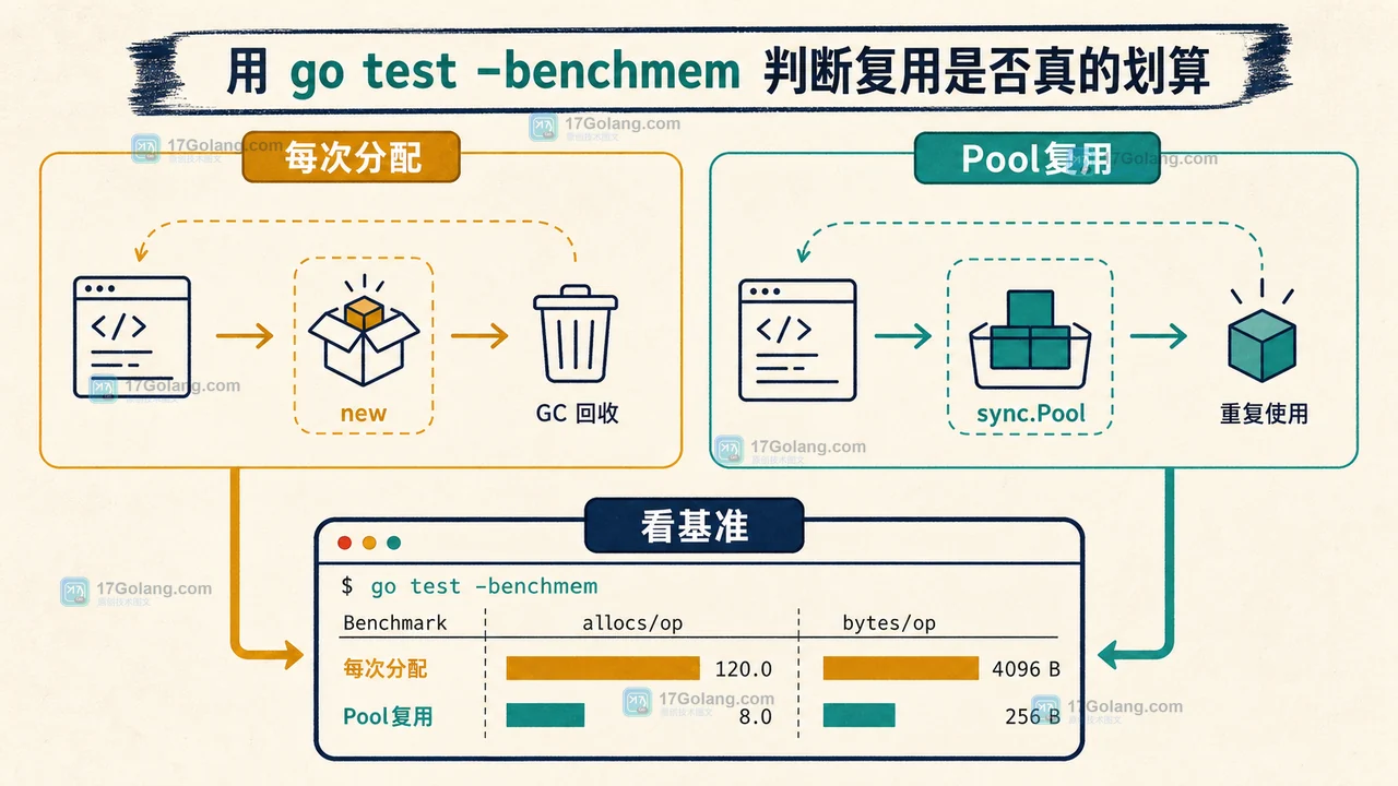 Go sync.Pool 复用缓冲区怎么做：Put 时机、数据清理与基准验证