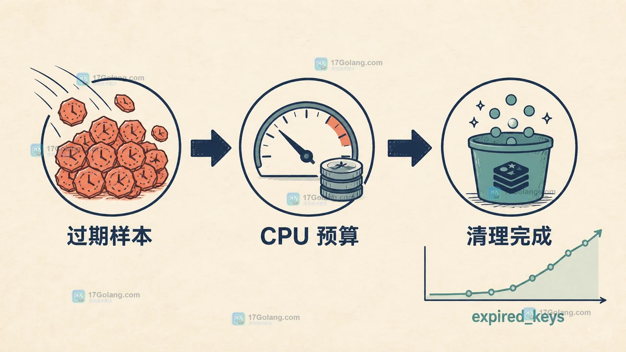 Redis 主动过期扫描等待链:过期样本、CPU 预算和 expired_keys 指标共同决定清理速度