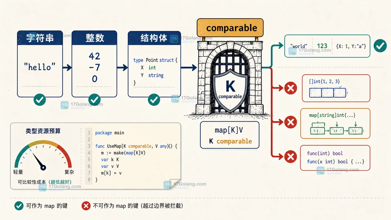 Go 泛型 comparable 约束怎么选：map key、接口值与编译期边界