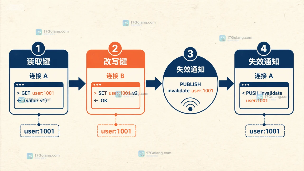 Redis CLIENT TRACKING 失效通知链路：连接A读取 user:1001，连接B改写后回到失效通知