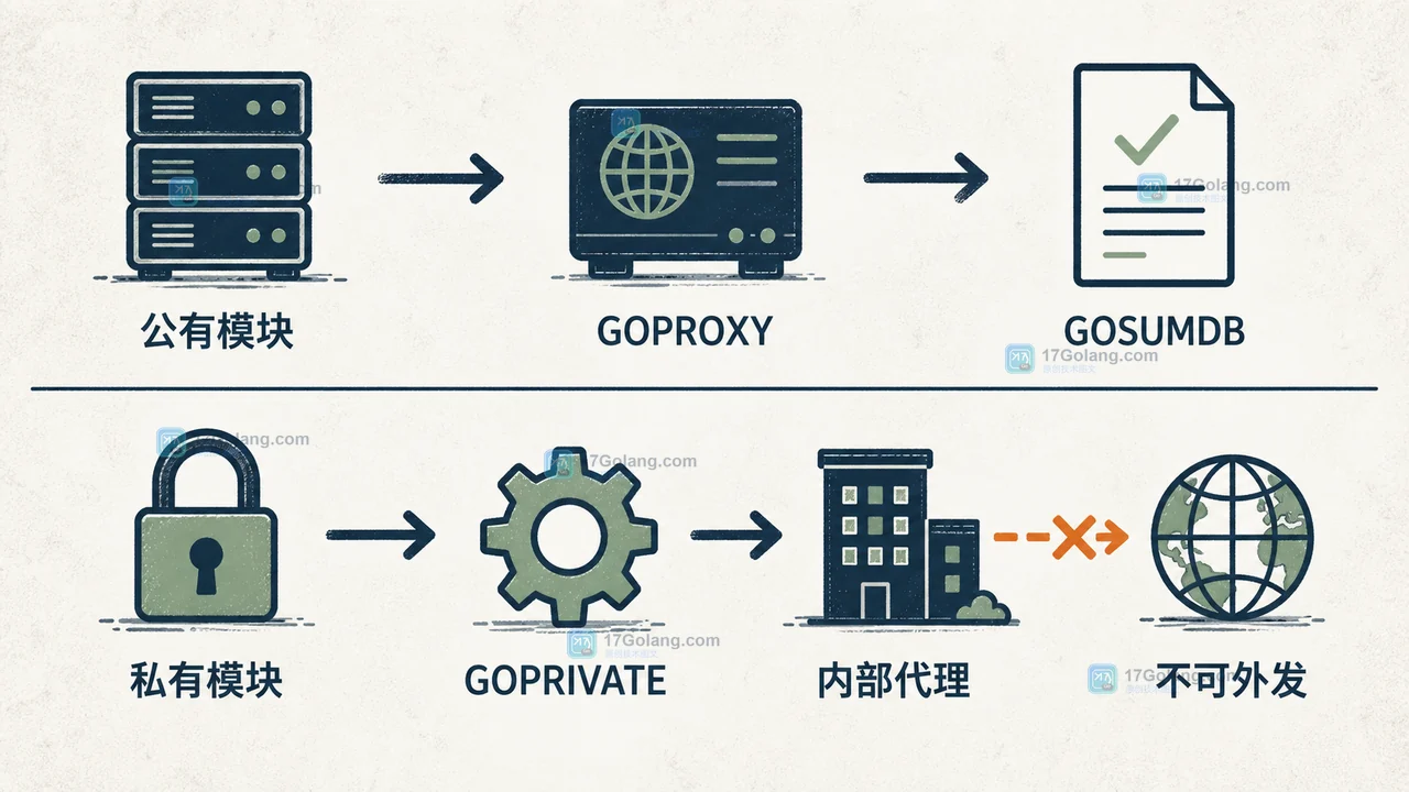 Go 私有模块边界:GOPRIVATE 阻断公开代理与校验查询,企业代理和内部仓库承接下载审计