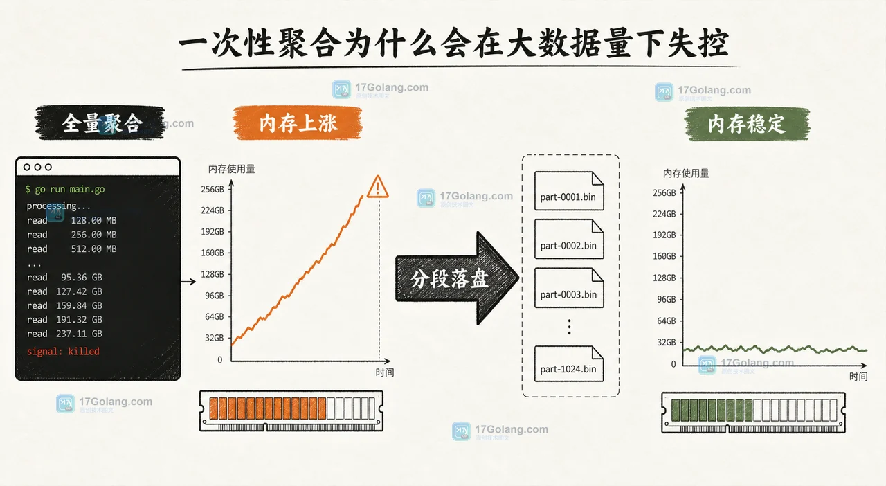 Go 一次性聚合全量导出行导致内存持续上升,分段落盘后内存保持平稳的对比插画