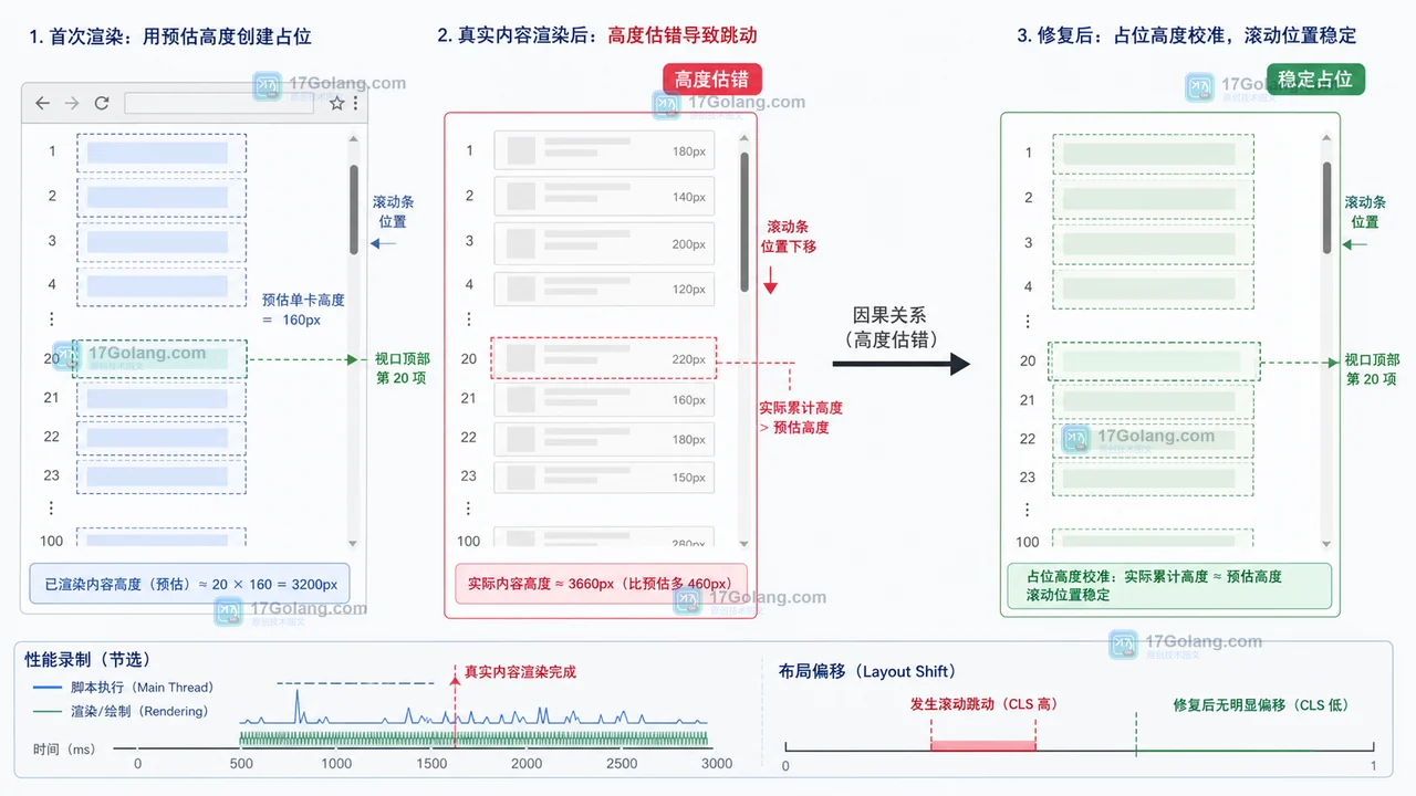 性能录制中的布局绘制耗时对比,以及滚动到屏外订单后保持稳定的结果路径