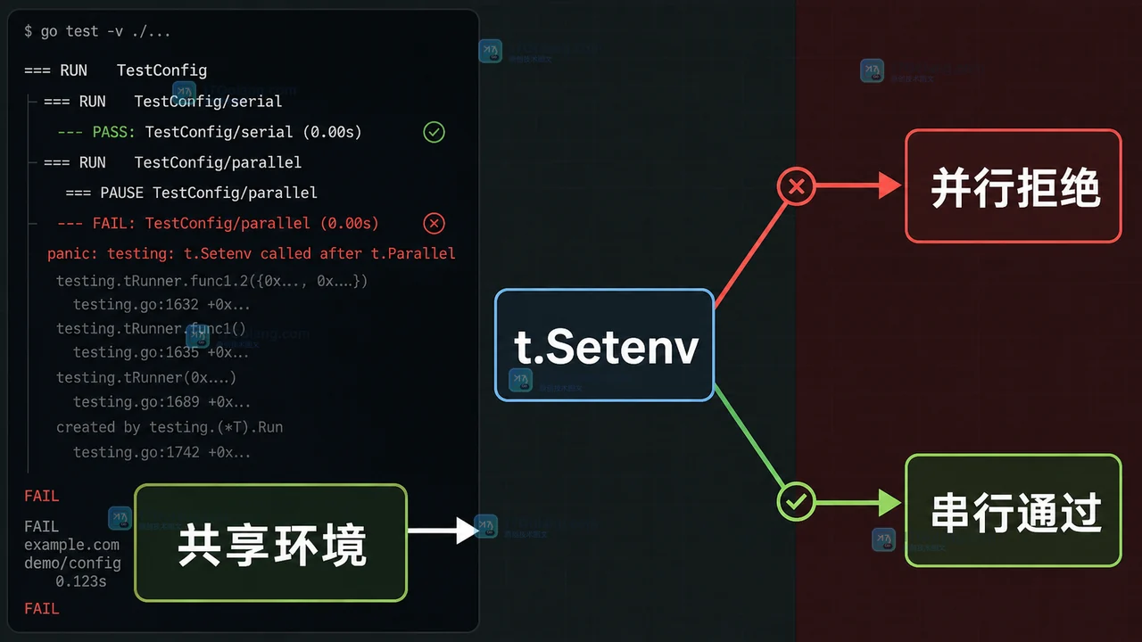 Go testing 中 t.Setenv 与 t.Parallel 的进程环境共享边界:并行测试被拒绝,串行测试保留配置