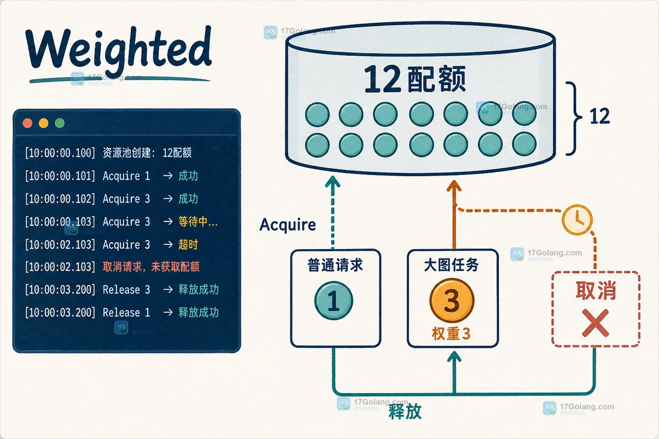 Go semaphore Weighted 加权限流:普通请求占 1 个配额,大图任务占 3 个配额并支持超时取消