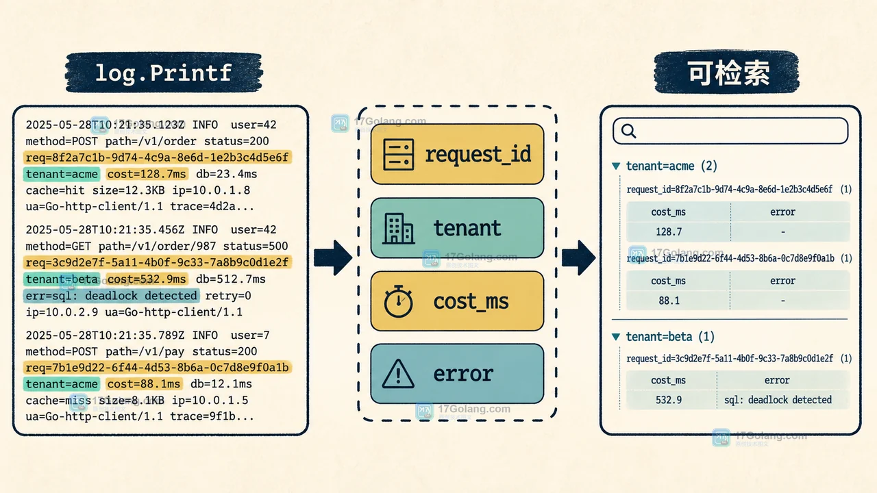 Go 日志从一整串文本拆成 request_id、tenant 和 cost 字段,展示字段丢失如何阻碍检索