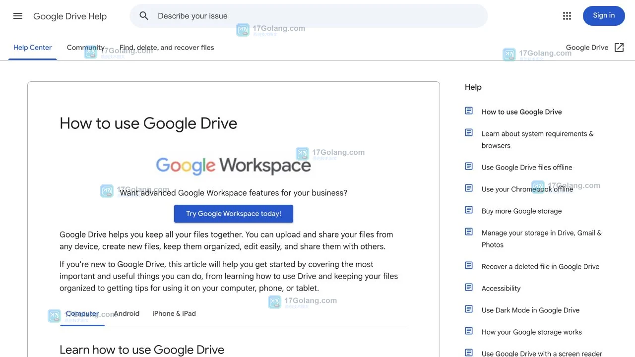 Google Drive官方帮助页展示网页版入口和文件管理操作