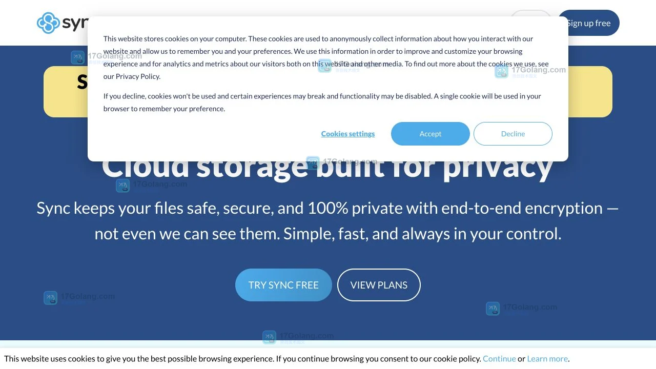 Sync.com官方主页展示云存储隐私定位以及Sign in、Download入口