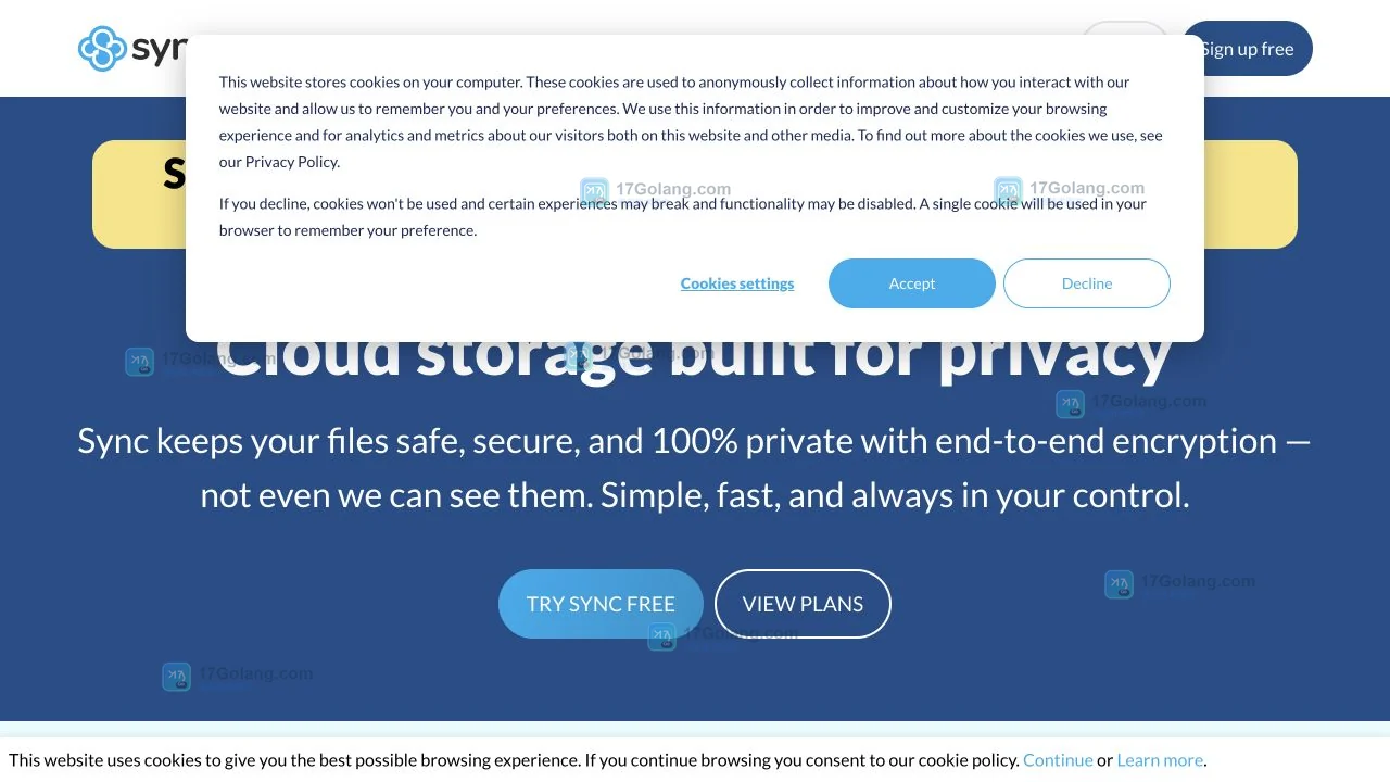 Sync.com官方主页显示Sign in和Download入口，用于选择网页版或桌面端