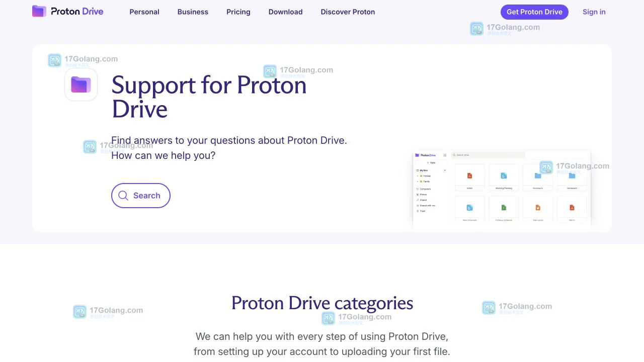 Proton Drive官方Support页面展示入门、桌面应用和移动应用帮助分类