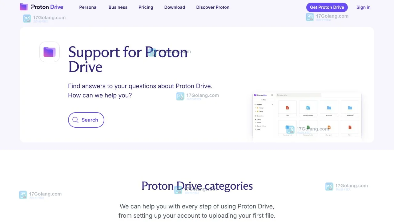 Proton Drive官方Support页面展示桌面应用、移动应用和入门帮助分类