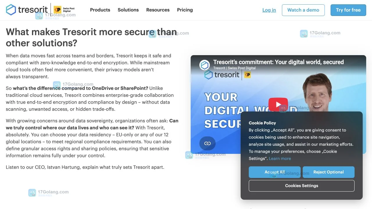 Tresorit官方主页展示Log in、Try for free和官方导航入口