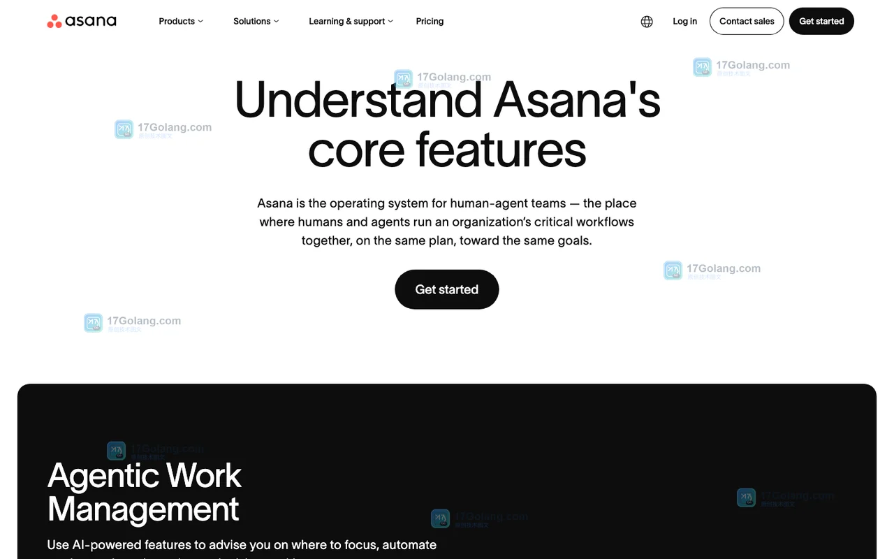 Asana 官方主页展示登录、帮助中心和开始使用入口