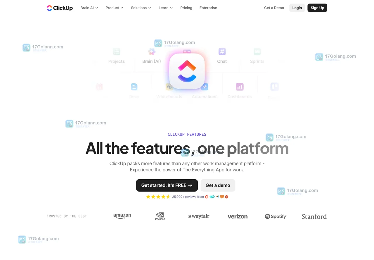 ClickUp 官方功能页,展示任务项目、协作和多种工作视图入口