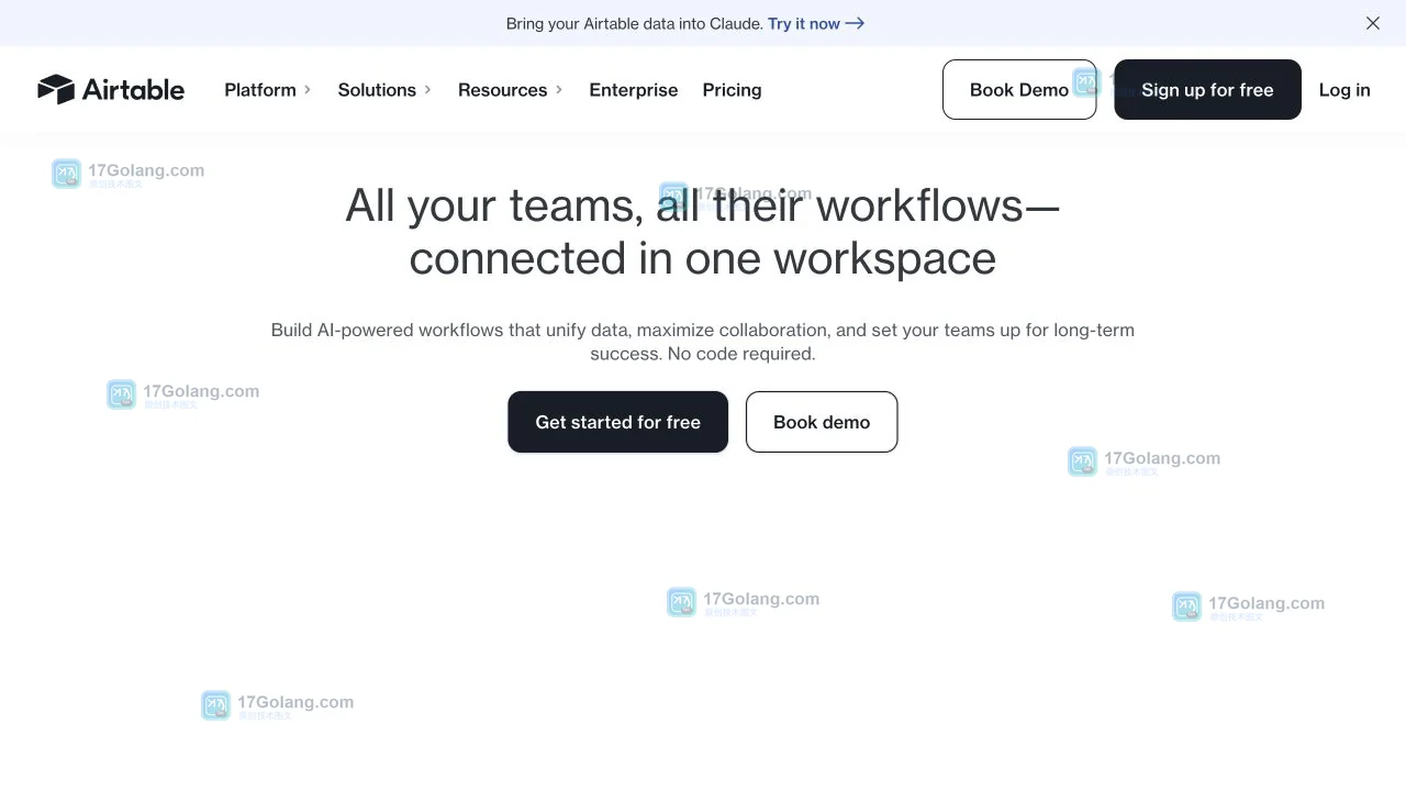 Airtable 官方主页展示平台导航、登录入口与工作区能力
