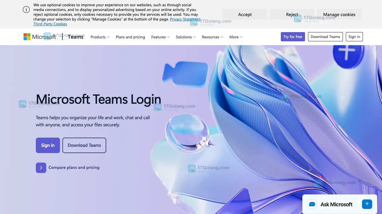 Microsoft Teams 官方登录页面,显示微软导航、Sign in 与 Download Teams 入口