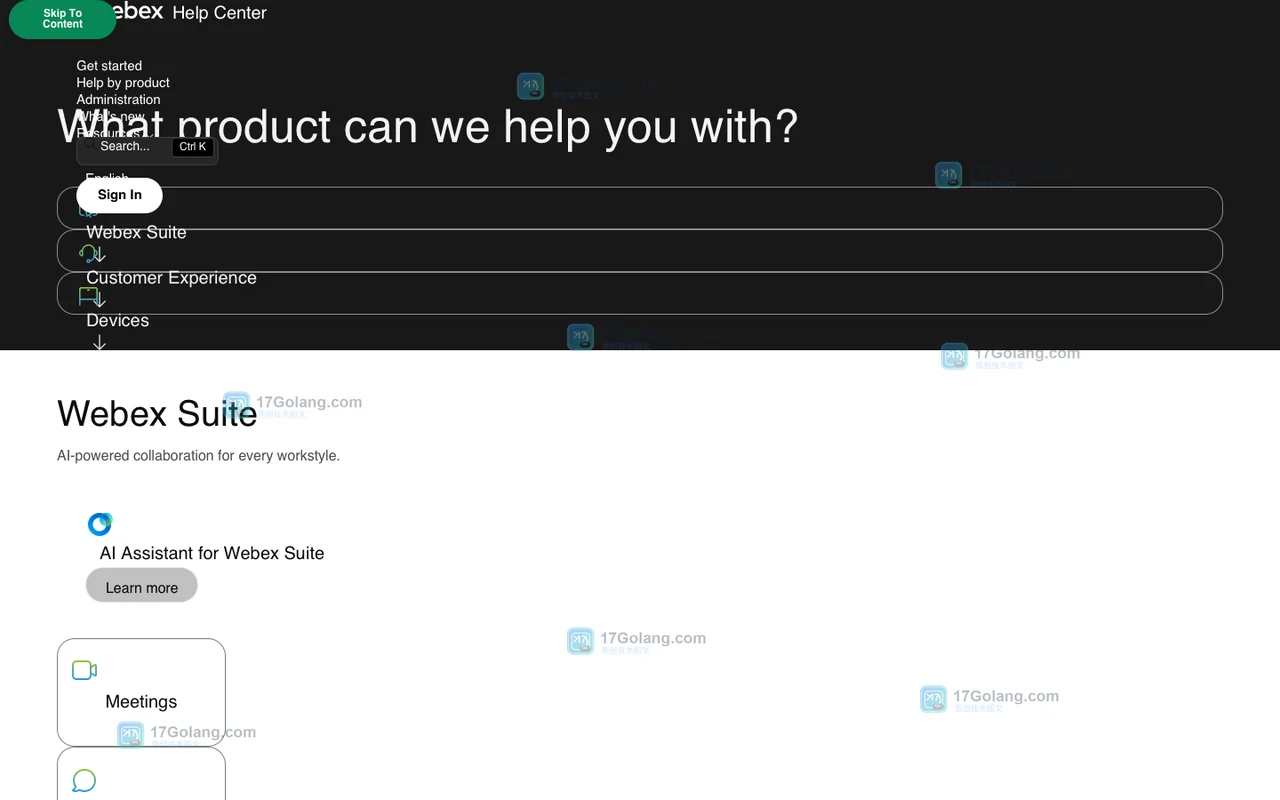 Webex 官方 Products 页面,展示 Webex Suite、Customer Experience 和 Devices 产品分类