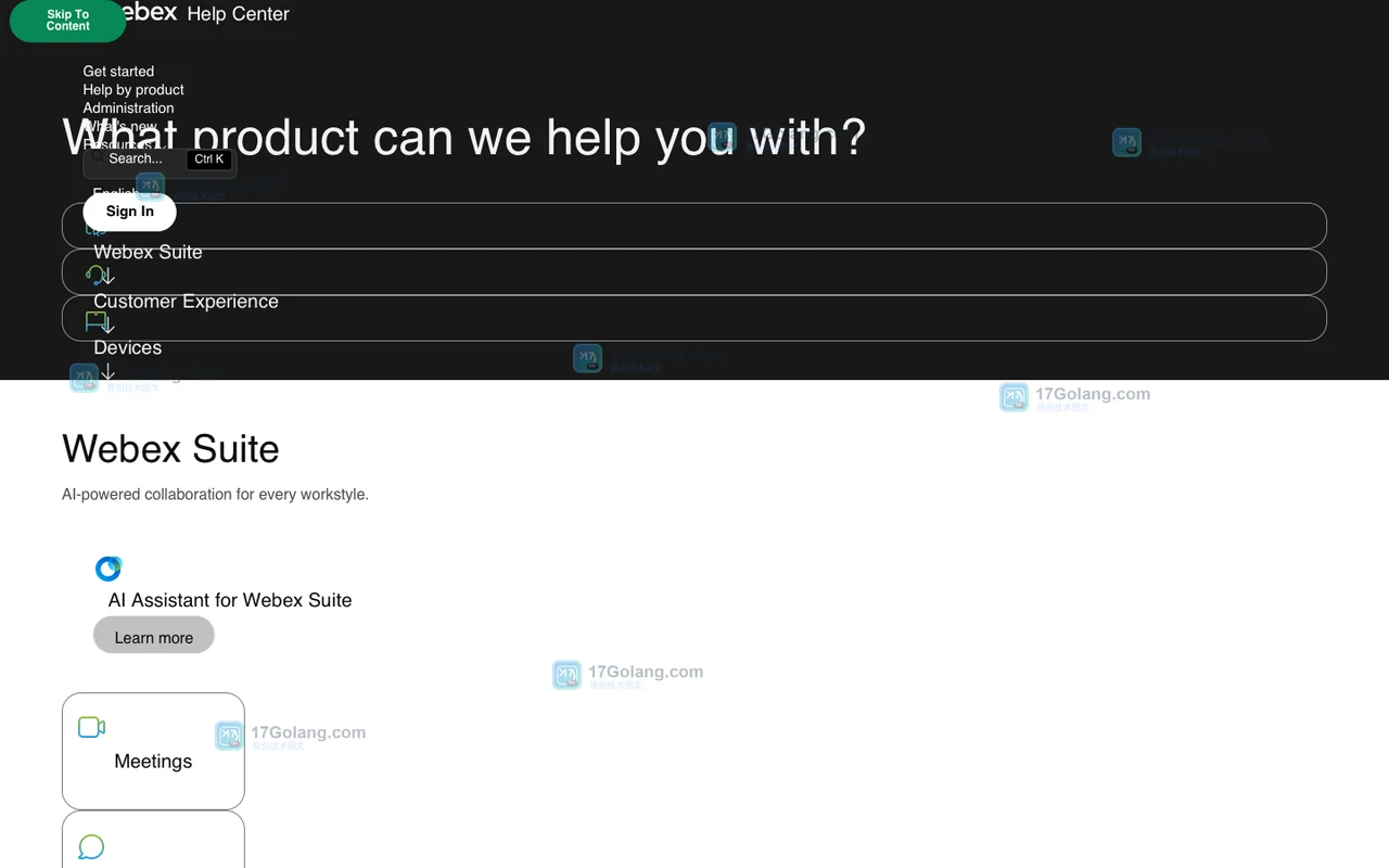 Webex 官方 Products 页面,展示 Webex Suite、Customer Experience 和 Devices 产品分类