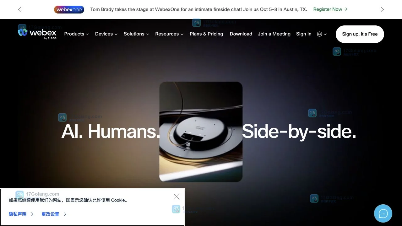 Webex 官方首页展示产品导航、Join a Meeting、Sign In 与协作平台入口