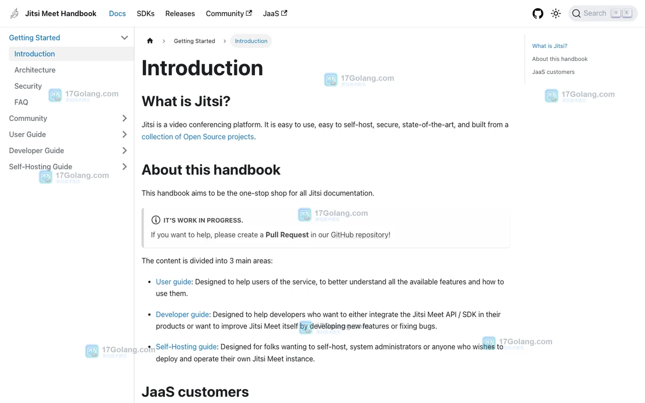 Jitsi Meet 官方 Handbook 展示用户指南、开发者指南和自托管指南的文档入口