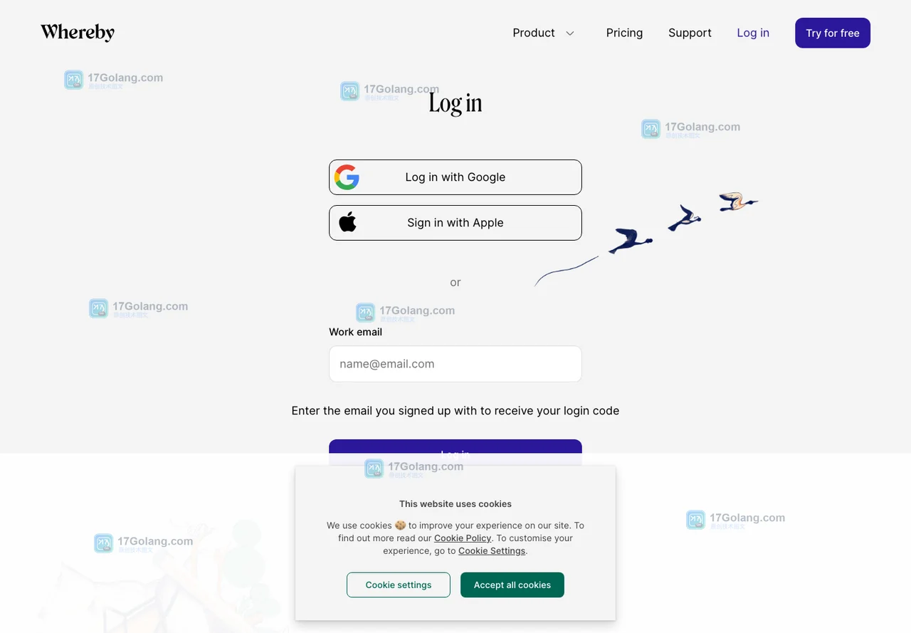 Whereby官方登录页显示Google、Apple和邮箱登录代码入口
