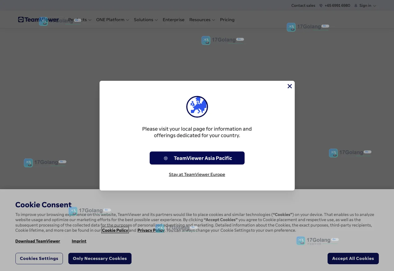 TeamViewer官方软件下载页的真实页面，展示Free Download入口、地区选择提示与Cookie提示