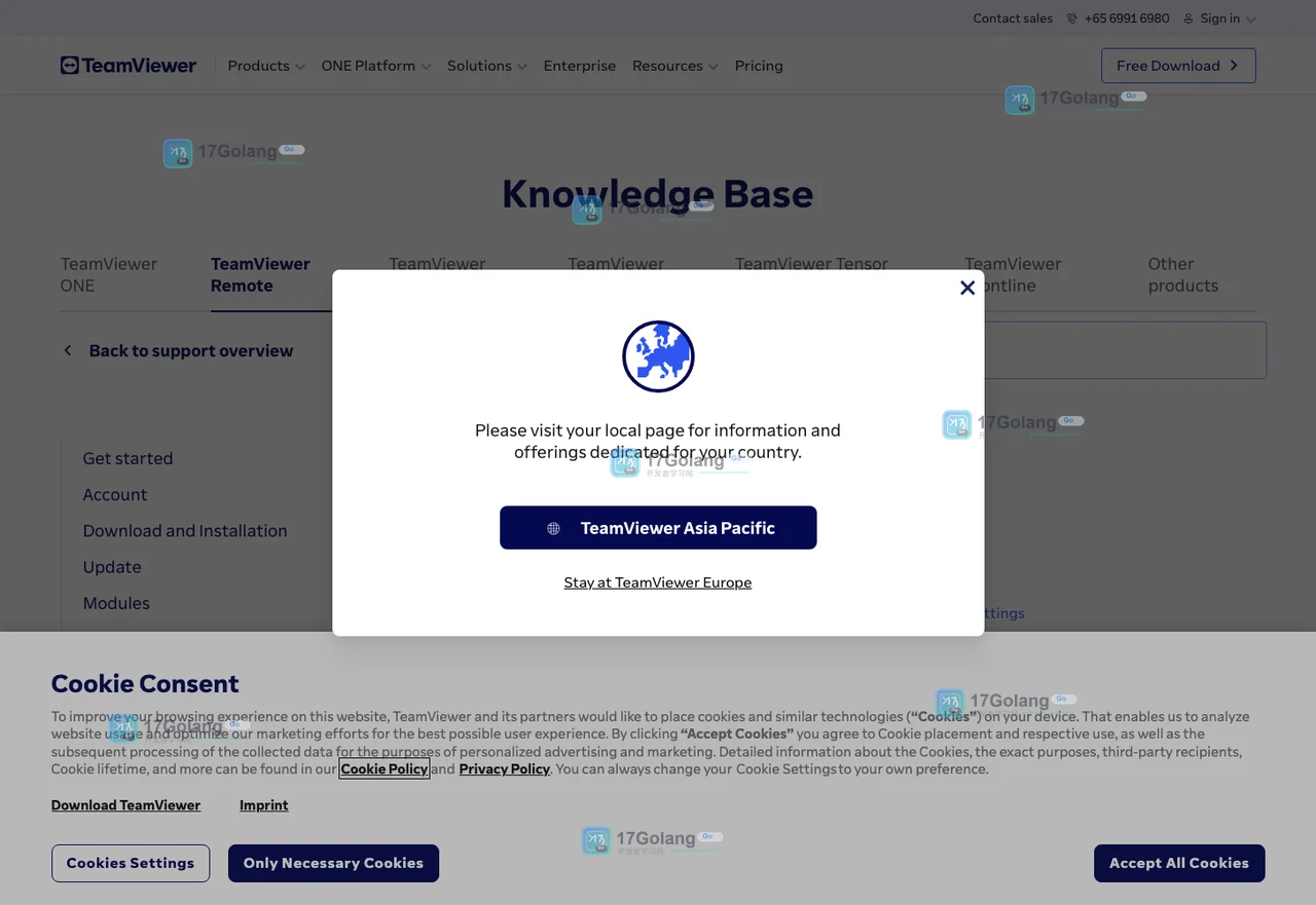 TeamViewer Remote官方Knowledge Base真实页面，展示Get started、Account和Download and Installation栏目
