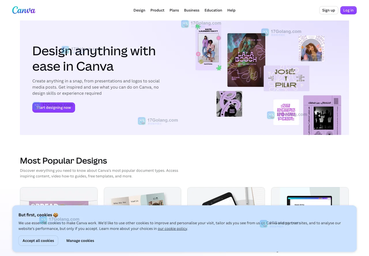 Canva官方Create页面展示设计分类与开始设计入口，用于核对公开页面的用途