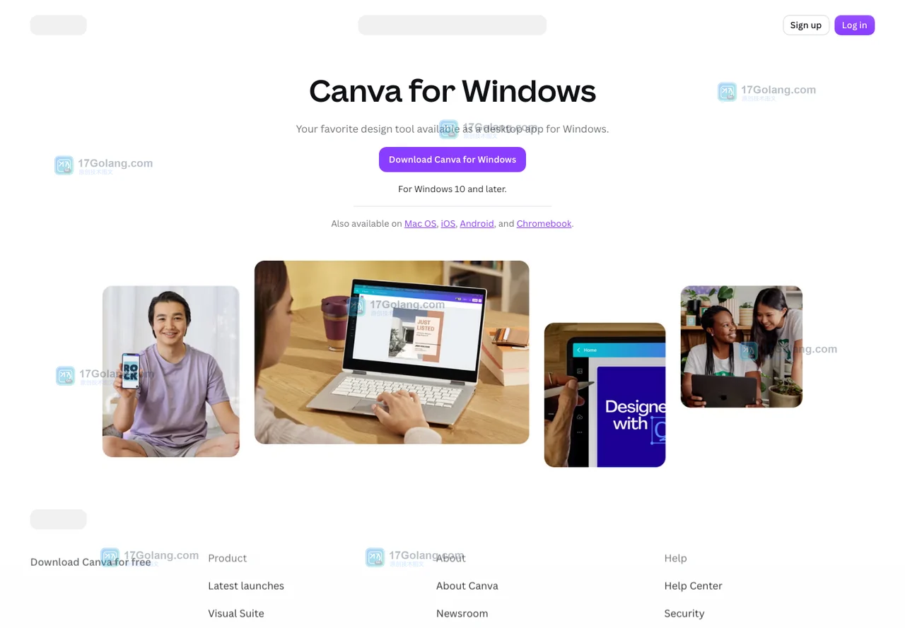 Canva官方Windows下载页显示Canva for Windows、下载按钮和Windows 10及更高版本说明