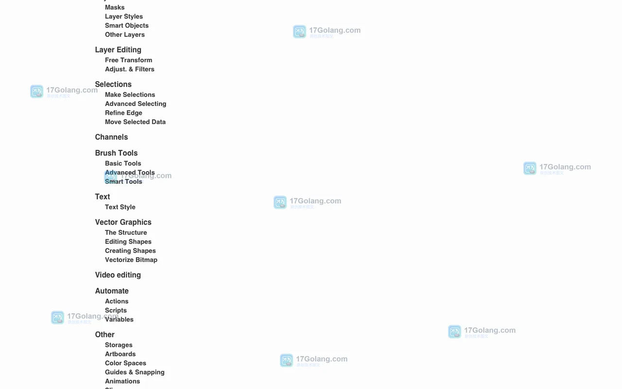 Photopea 官方 Learn 页面真实截图，展示 Workspace、Layers、Text 与 Vector Graphics 等主题入口
