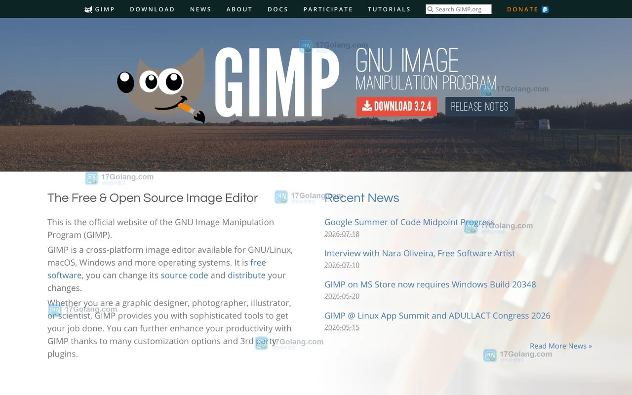 GIMP 官方主页展示项目名称、跨平台图像编辑定位和 Download 导航