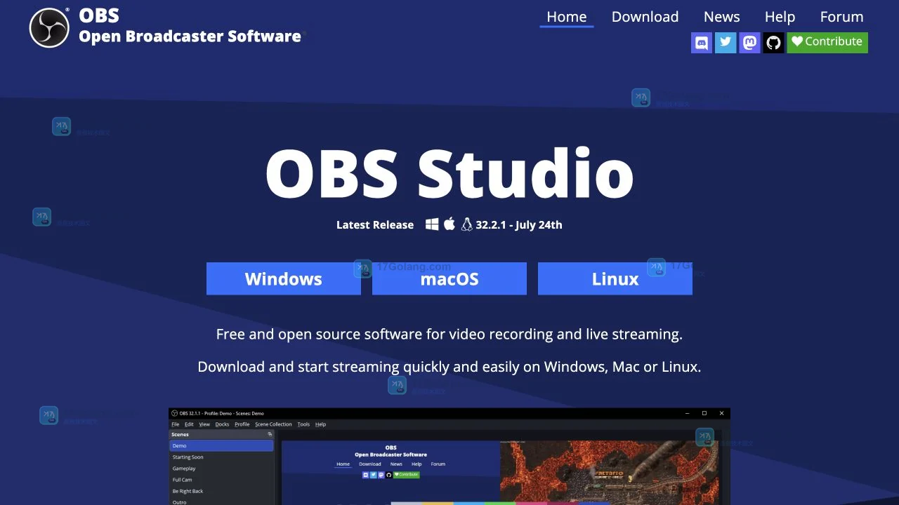 OBS Studio官方主页展示最新版本、Windows macOS Linux入口和录制直播功能
