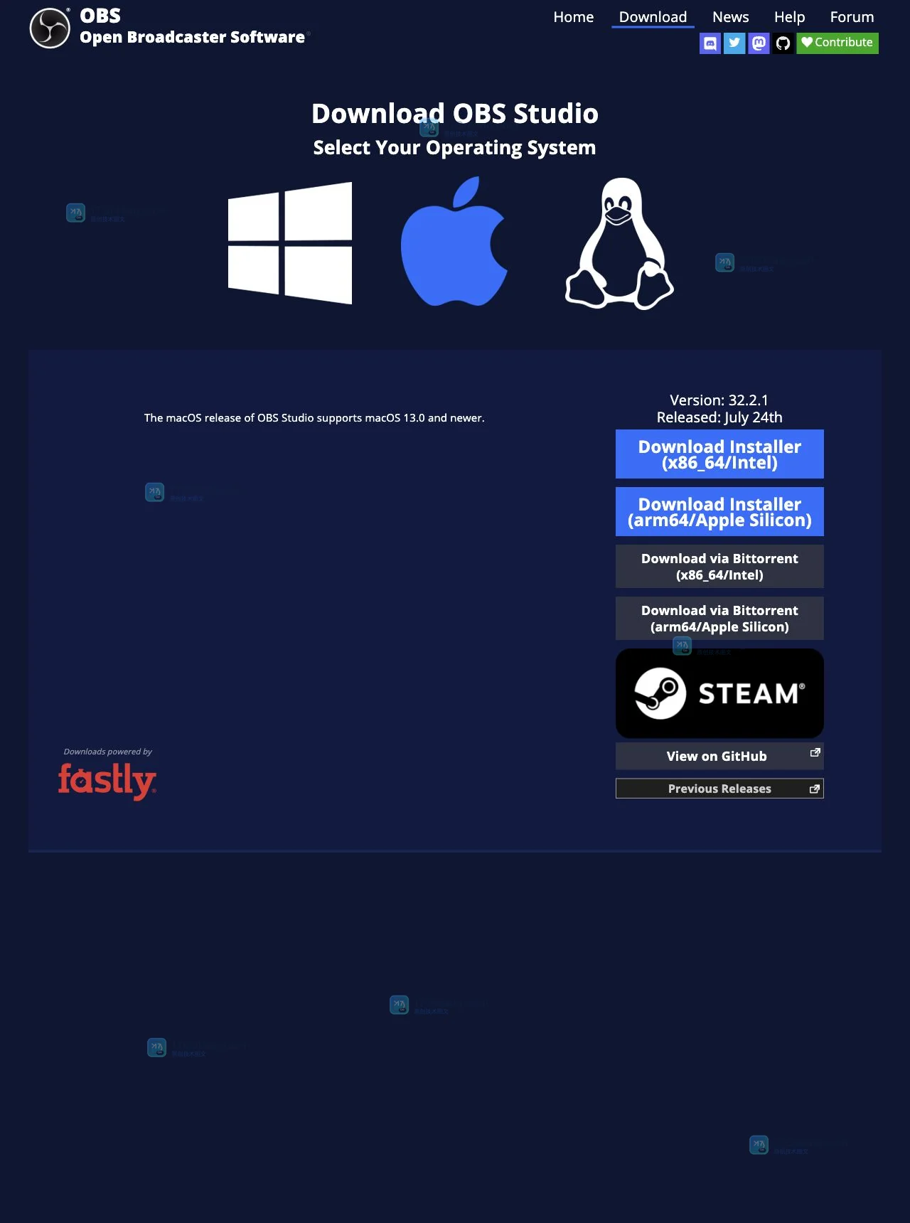 OBS Studio官方下载页面展示Windows macOS Linux系统选择、版本号、安装器和历史版本入口