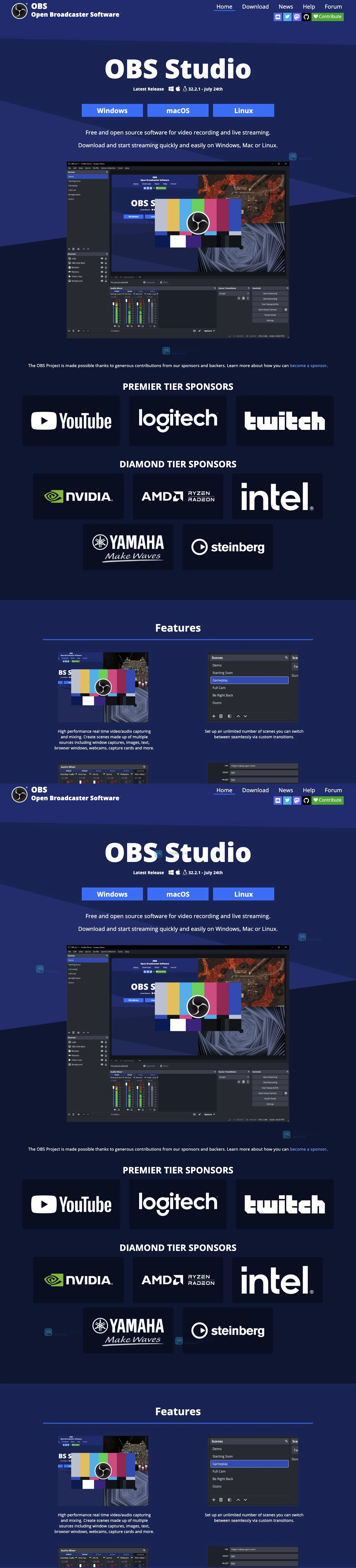 OBS Studio官方主页展示项目名称、当前版本、Windows macOS Linux入口与录制直播定位