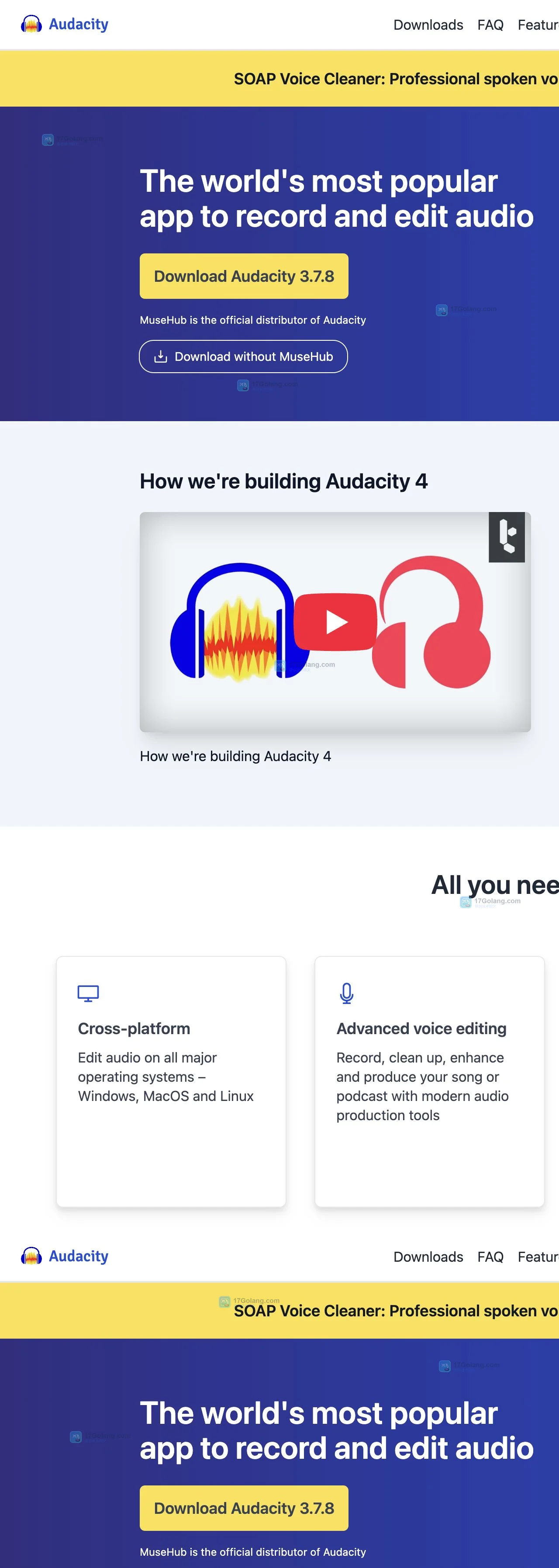 Audacity官方主页展示官网导航、下载入口与Download without MuseHub按钮