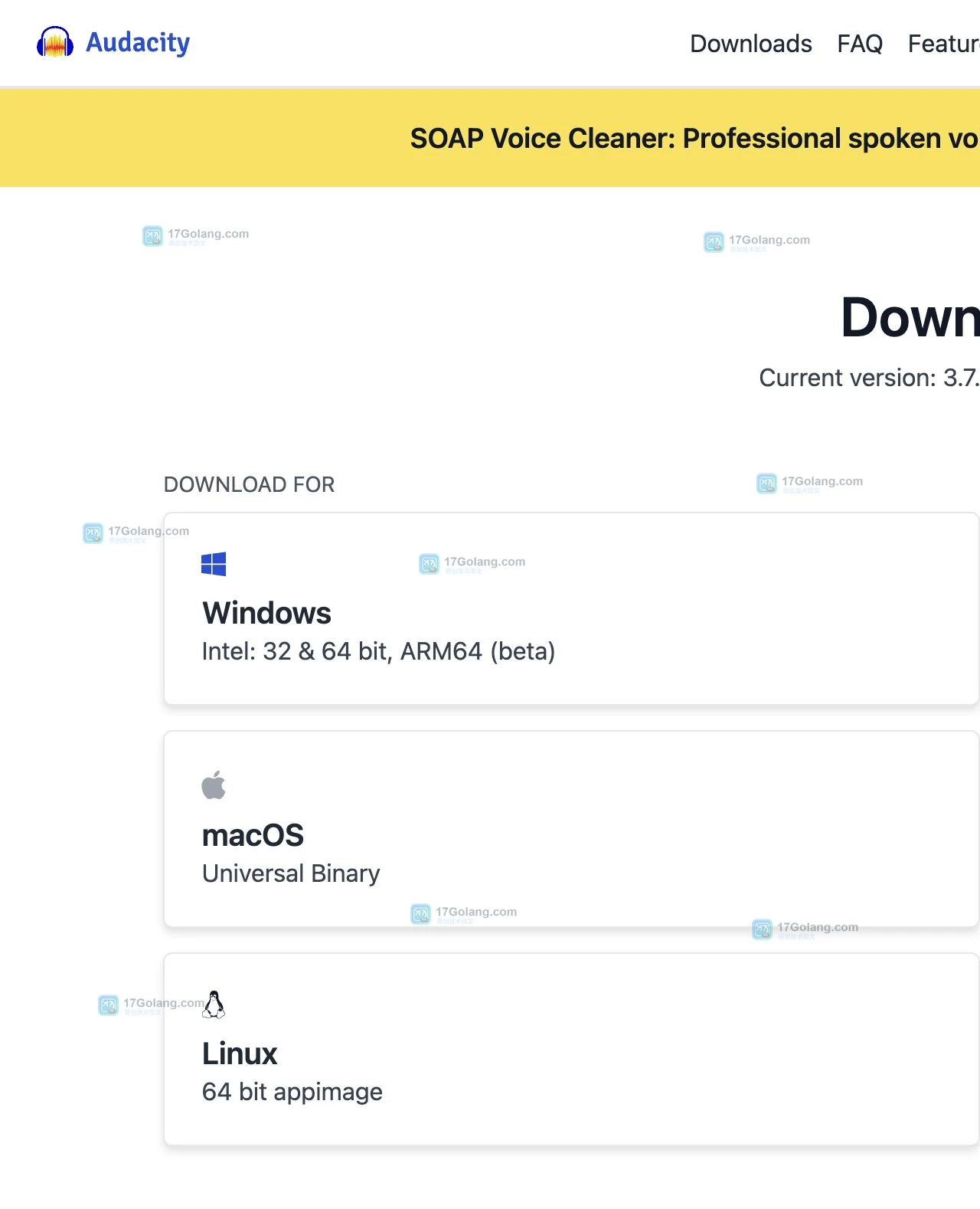 Audacity官方下载页按Windows、macOS和Linux选择安装版本