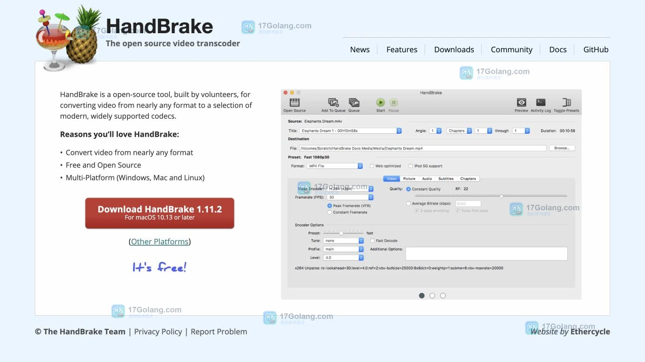 HandBrake官方主页展示本地视频转码定位、handbrake.fr域名和Windows macOS Linux支持