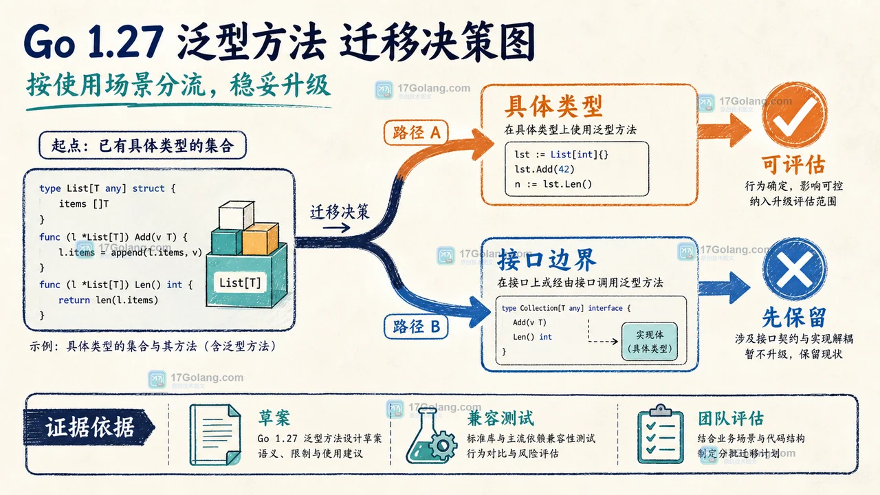 Go 1.27 泛型方法迁移判断中具体类型与接口边界的分流检查