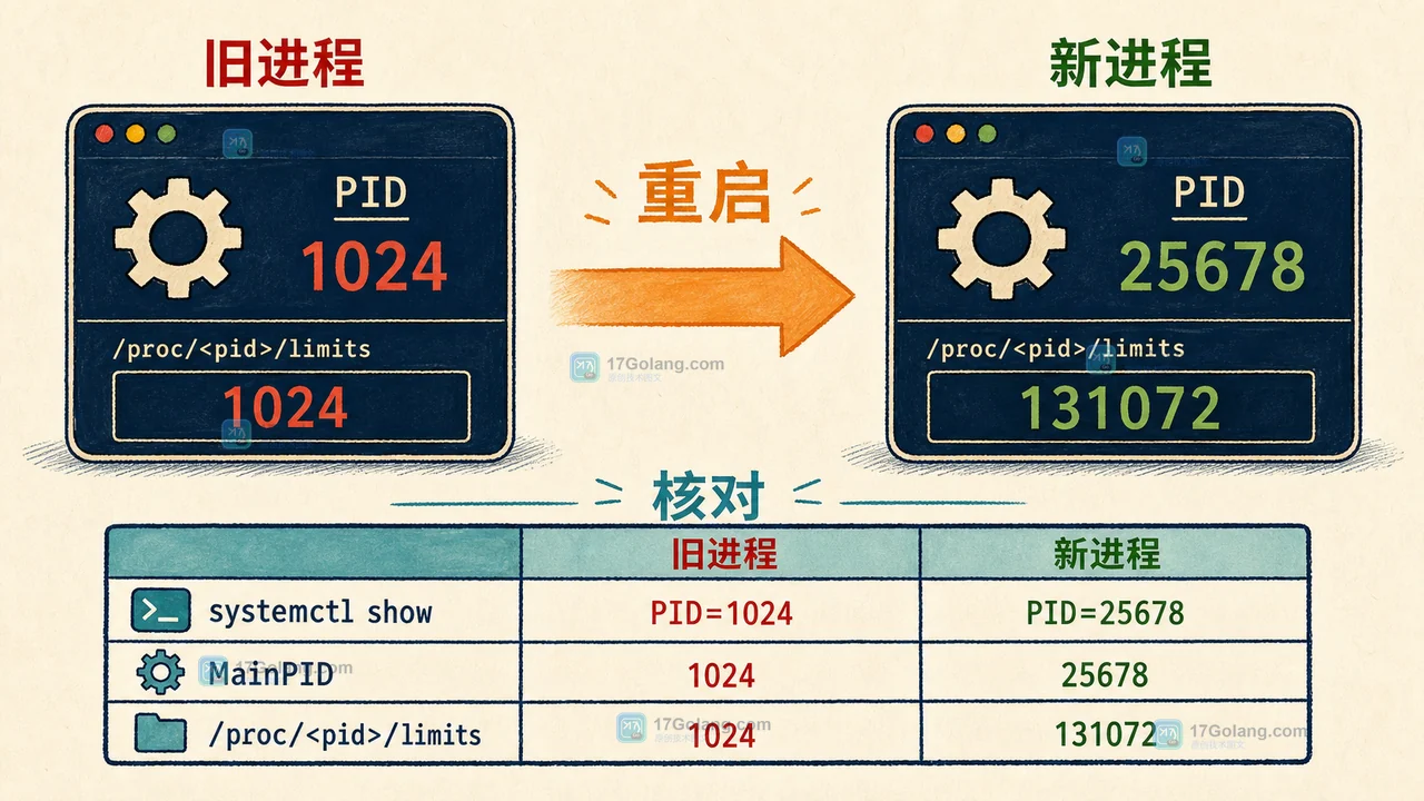 Linux 服务管理器重载并重启服务后用新 MainPID 验收 LimitNOFILE 的运行态检查