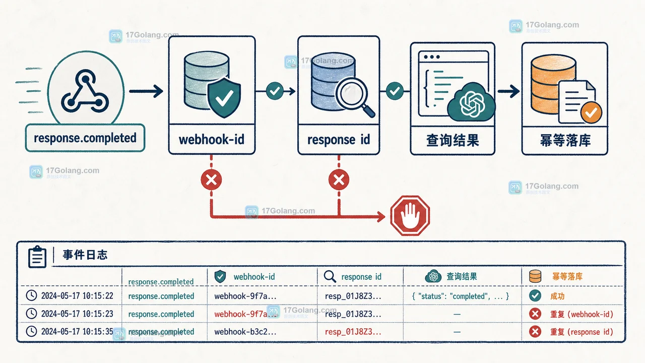 response.completed 事件按 webhook-id 和 response id 去重后查询结果并更新业务状态的流程图