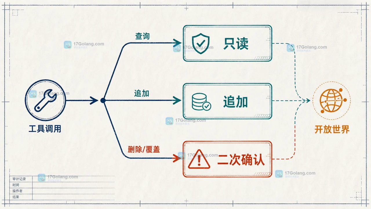 MCP destructiveHint 风险分支图：查询与追加走低风险路径，覆盖、删除和外部写入进入二次确认与权限检查
