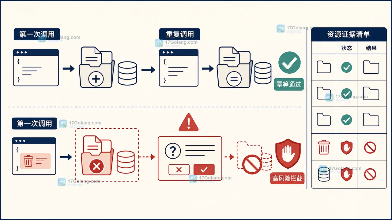 MCP destructiveHint 风险分支图:查询与追加走低风险路径,覆盖、删除和外部写入进入二次确认与权限检查