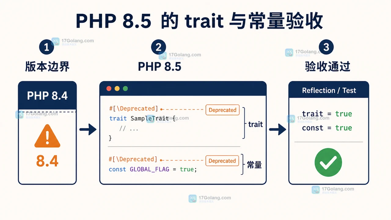 PHP 8.5 中 trait 与全局常量经过版本判断后进入 Reflection 验收的决策路径