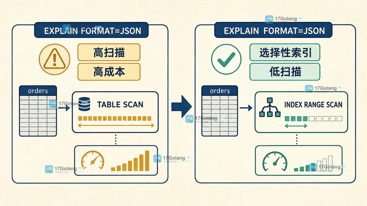 MySQL EXPLAIN JSON 成本估算从高扫描行数到选择性索引的前后对照图
