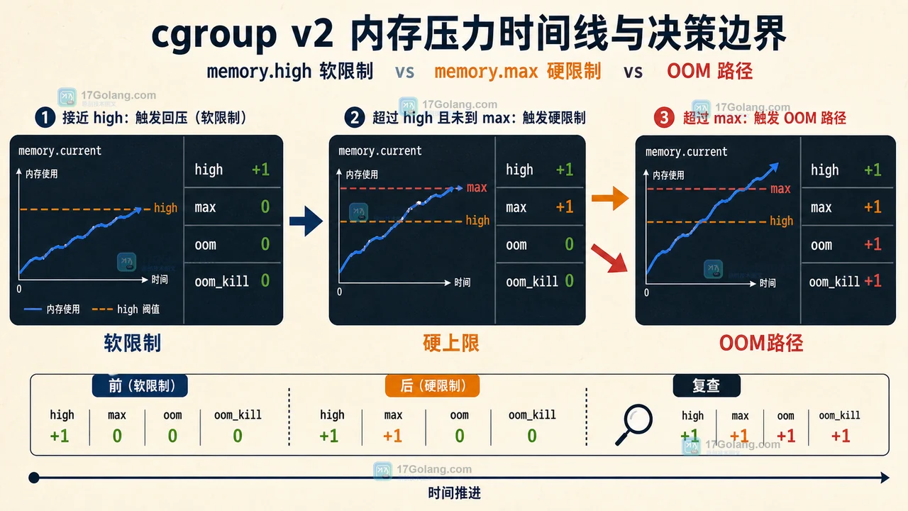 cgroup v2 内存曲线在 memory.max 前触发 memory.high 压力，变更后复查 max 与 oom 计数的前后对照